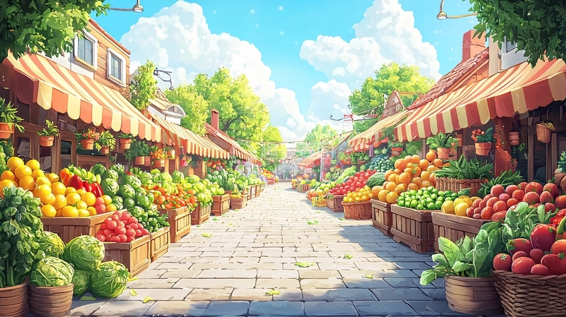 高清大图下载【趣麦麦图】阳光下的水果集市街道