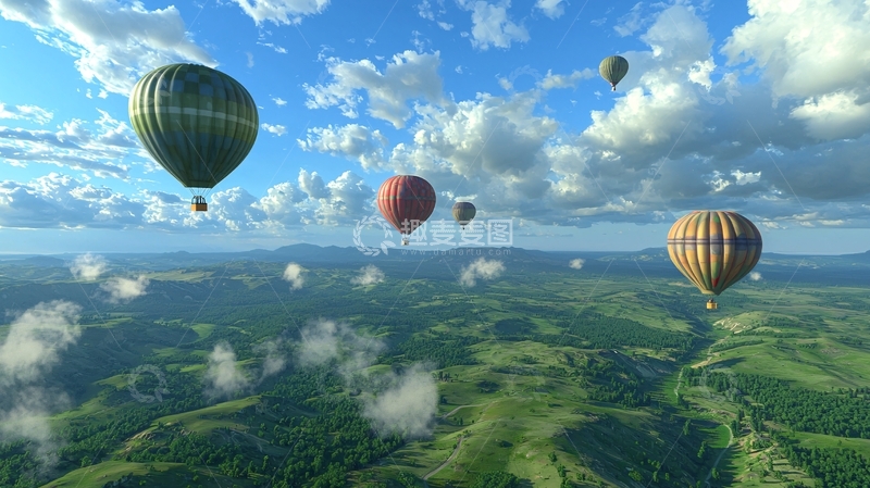 高清大图下载【趣麦麦图】热气球飞跃山峦