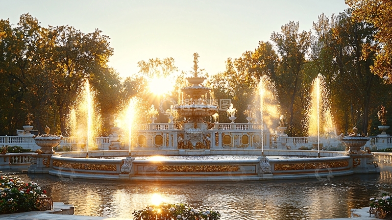高清大图下载【趣麦麦图】日出时分的喷泉