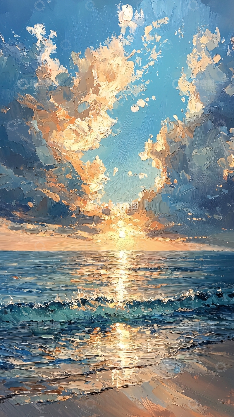 高清大图下载【趣麦麦图】海面日出云彩油画