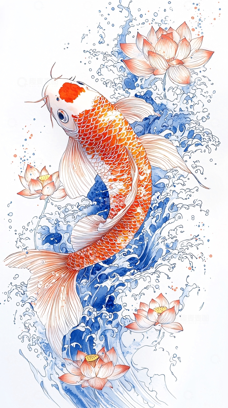 高清大图下载【趣麦麦图】锦鲤与荷花的水墨画