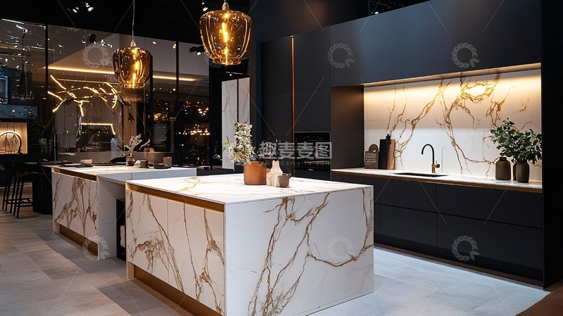 高清大图下载【趣麦麦图】豪华厨房岛台大理石纹理