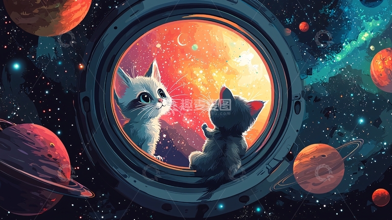 高清大图下载【趣麦麦图】太空猫咪透过舷窗看宇宙