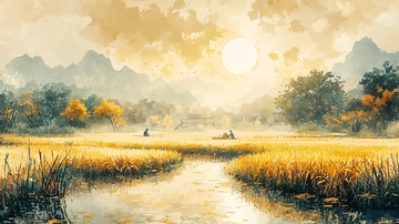 秋日稻田泛舟图