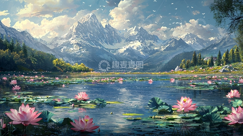 高清大图下载【趣麦麦图】雪山湖泊粉色睡莲