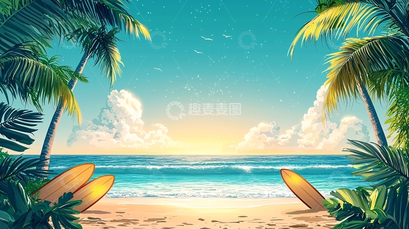 高清大图下载【趣麦麦图】热带海滩椰树冲浪板