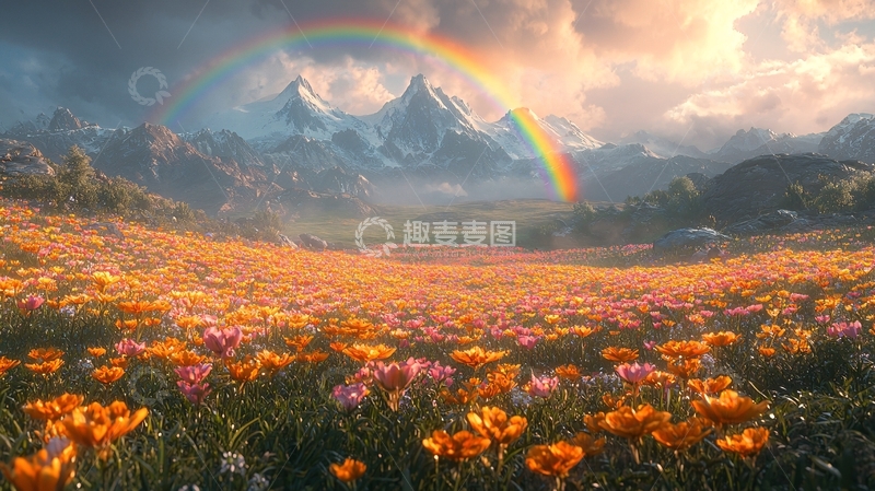 高清大图下载【趣麦麦图】彩虹下的花海雪山
