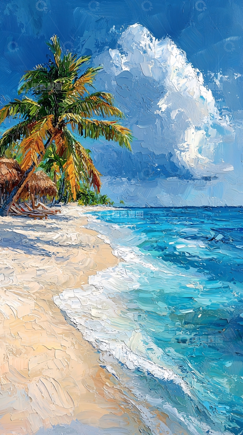 高清大图下载【趣麦麦图】热带海滩椰树风景画