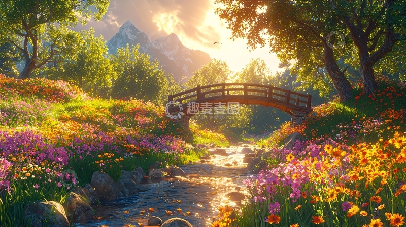 高清大图下载【趣麦麦图】阳光下的花海木桥溪流