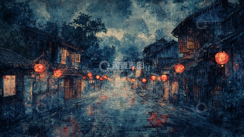 高清大图下载【趣麦麦图】雨夜古镇