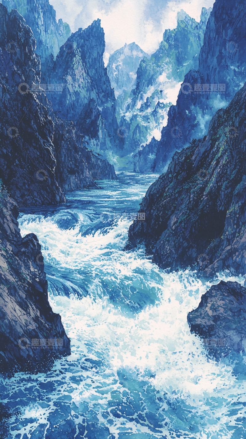 高清大图下载【趣麦麦图】蓝色峡谷激流
