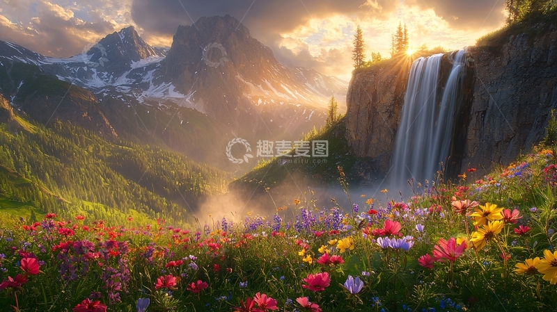高清大图下载【趣麦麦图】壮丽山河瀑布花海