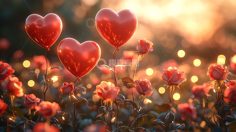 高清大图下载【趣麦麦图】夕阳下红心气球与玫瑰花