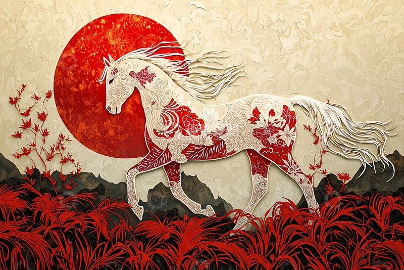 高清大图下载【趣麦麦图】红日白马图