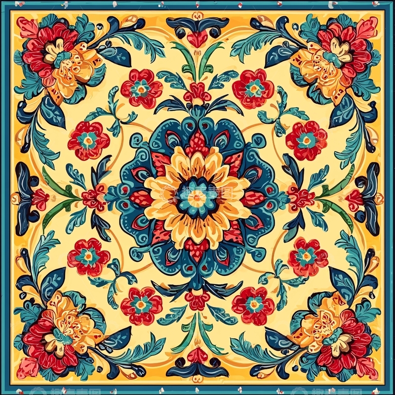 高清大图下载【趣麦麦图】黄底红蓝花卉图案