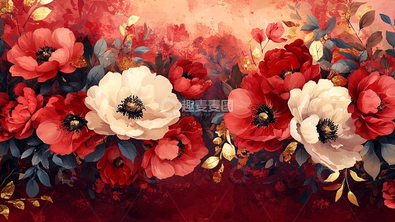 高清大图下载【趣麦麦图】红色白色花朵油画风格
