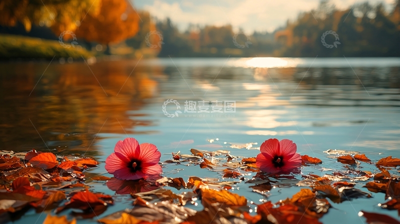 高清大图下载【趣麦麦图】秋日湖面漂浮红花落叶
