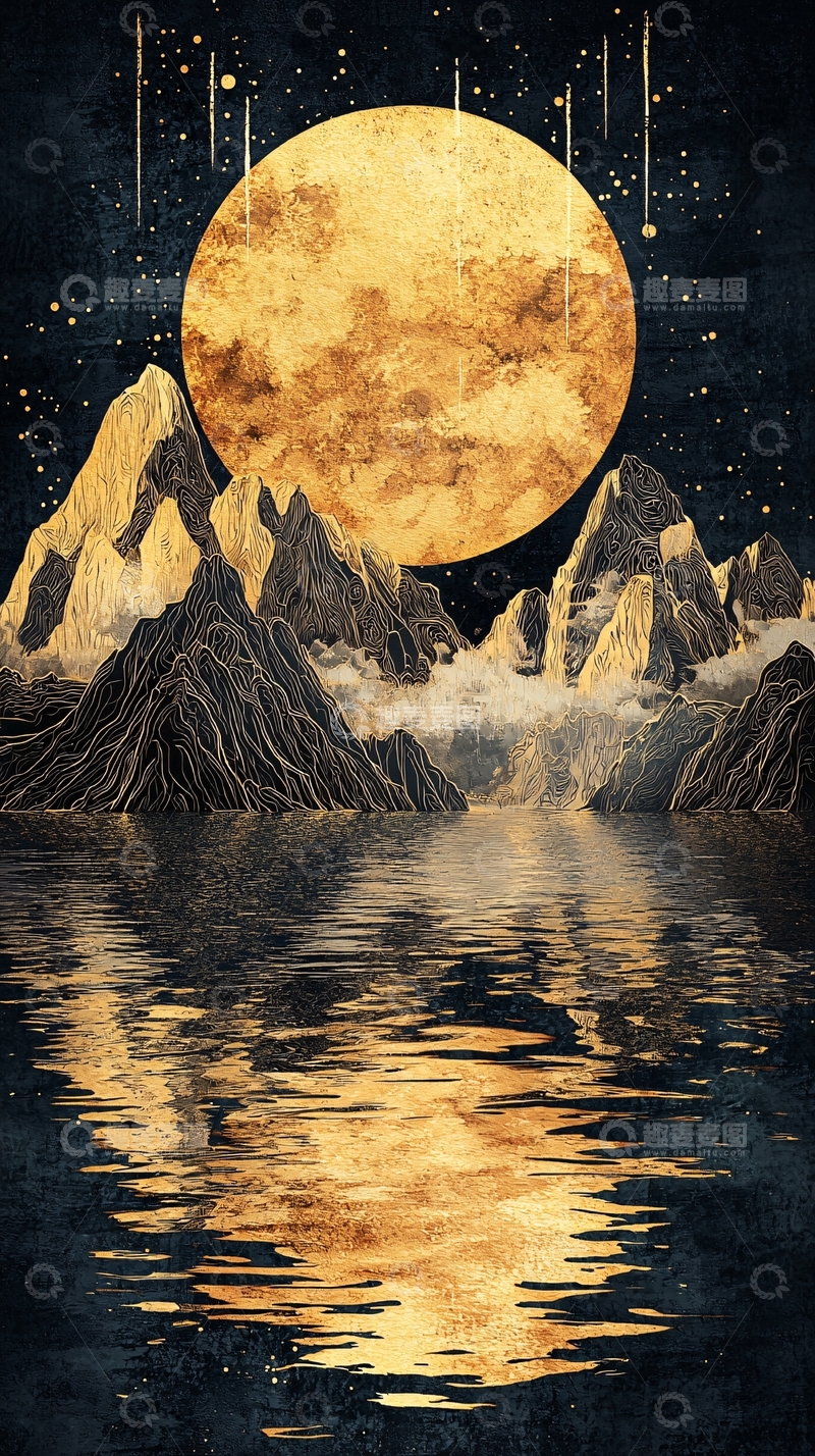 高清大图下载【趣麦麦图】金色满月山水倒影