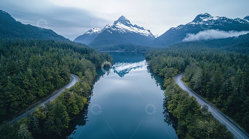 高清大图下载【趣麦麦图】山峰河流森林交汇景色