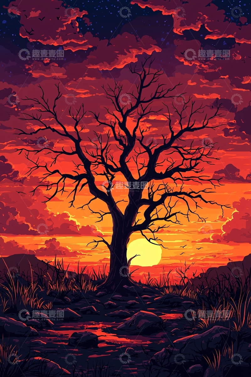 高清大图下载【趣麦麦图】暮色下的枯树剪影