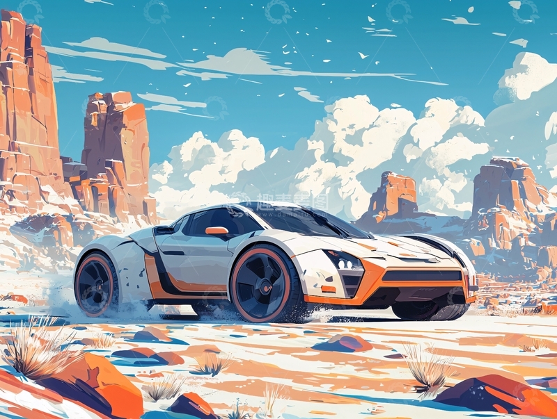 高清大图下载【趣麦麦图】白色跑车在沙漠飞驰