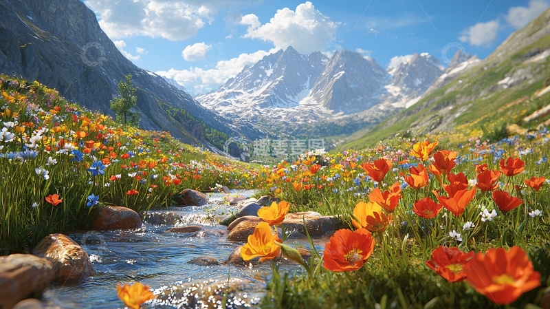 高清大图下载【趣麦麦图】高山流水鲜花盛开