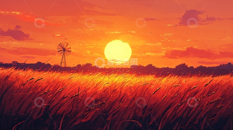高清大图下载【趣麦麦图】日落麦田风车风景画