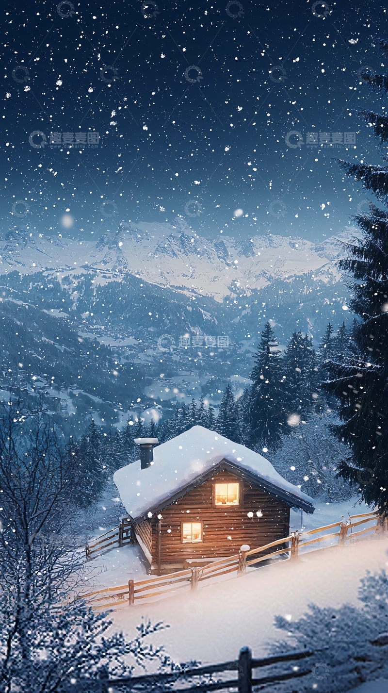 高清大图下载【趣麦麦图】雪夜木屋山景