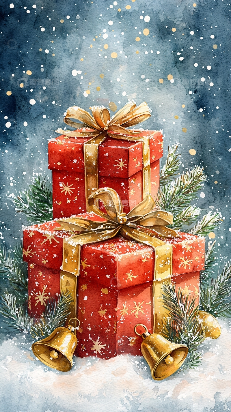 高清大图下载【趣麦麦图】圣诞节礼物水彩画