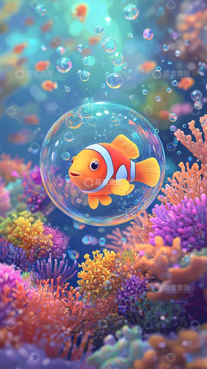 高清大图下载【趣麦麦图】小丑鱼泡泡海洋珊瑚礁
