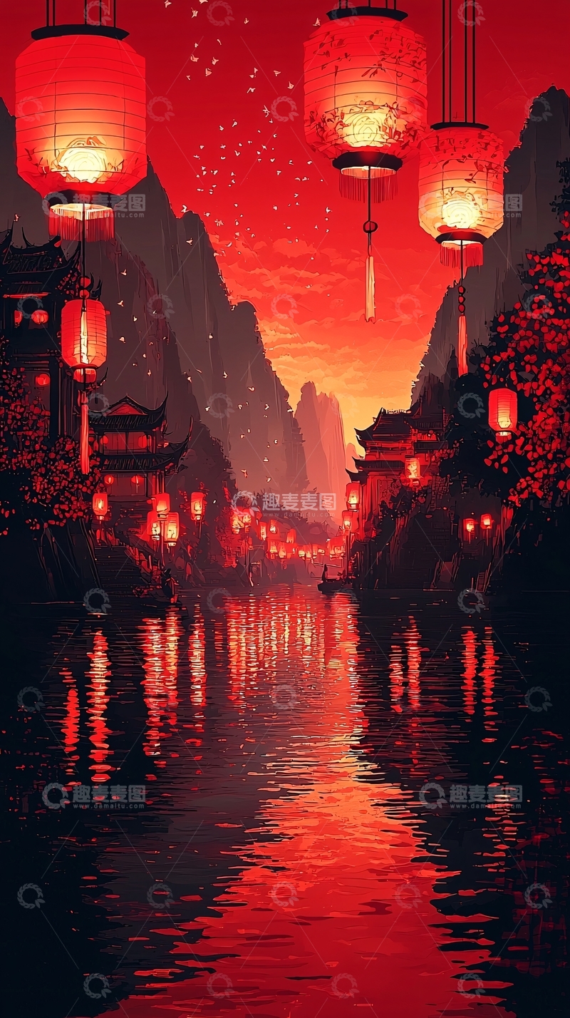 高清大图下载【趣麦麦图】红色灯笼下的水乡夜景