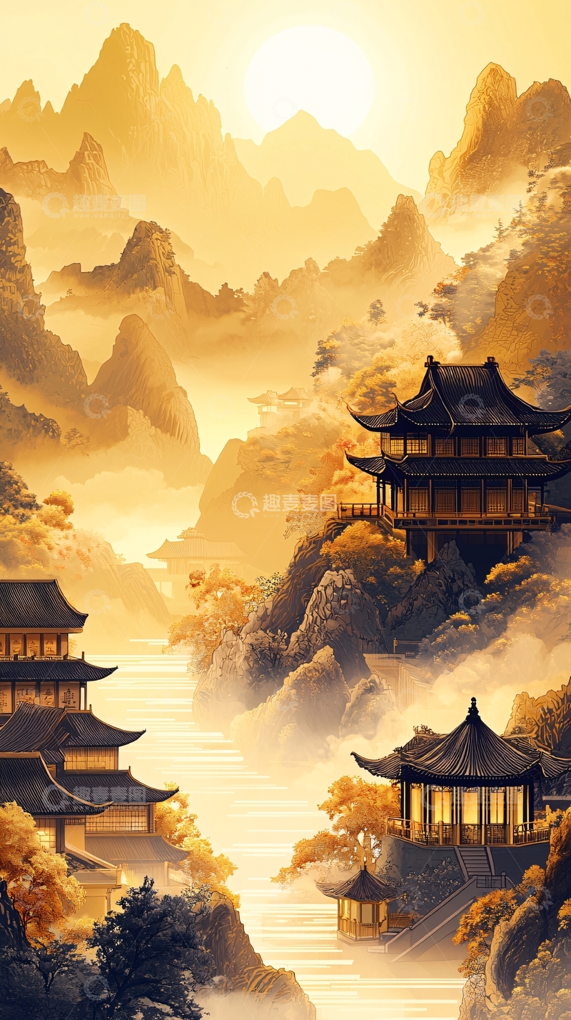 高清大图下载【趣麦麦图】金色山水间的东方建筑