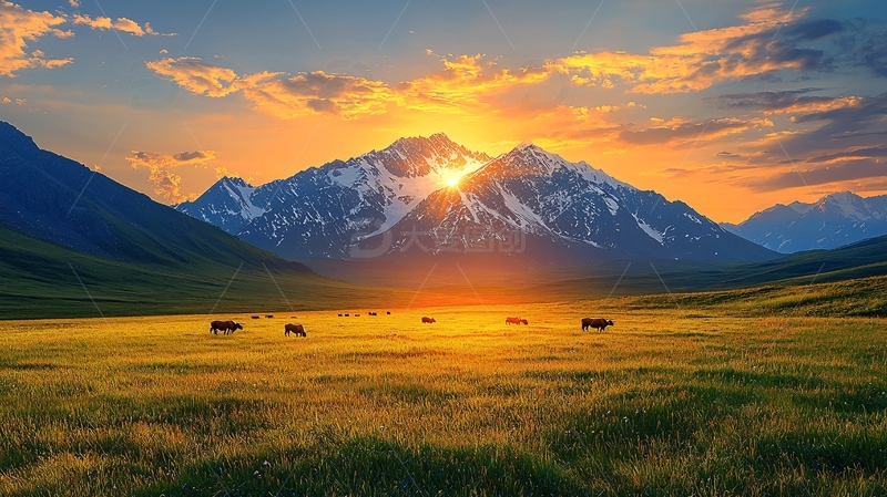 高清大图下载【趣麦麦图】日落雪山草原牧场