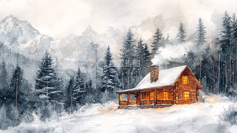 高清大图下载【趣麦麦图】雪山木屋