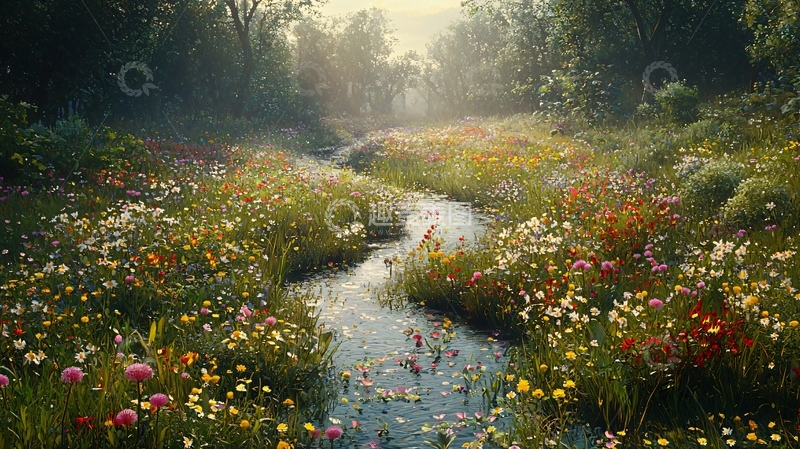 高清大图下载【趣麦麦图】清晨溪流花海
