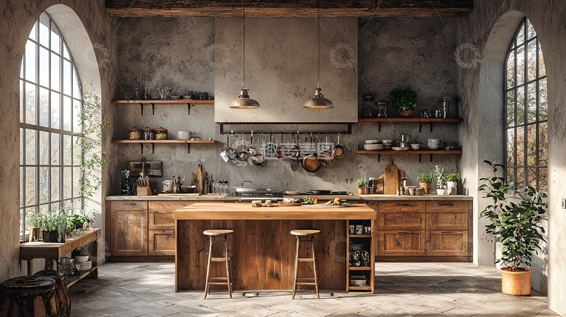 高清大图下载【趣麦麦图】宽敞的乡村风格厨房