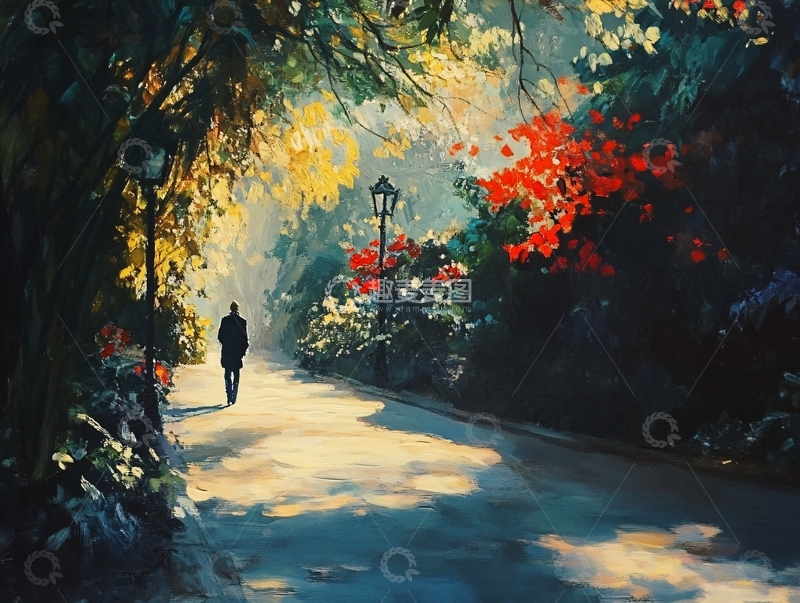 高清大图下载【趣麦麦图】林荫小路上的孤独身影