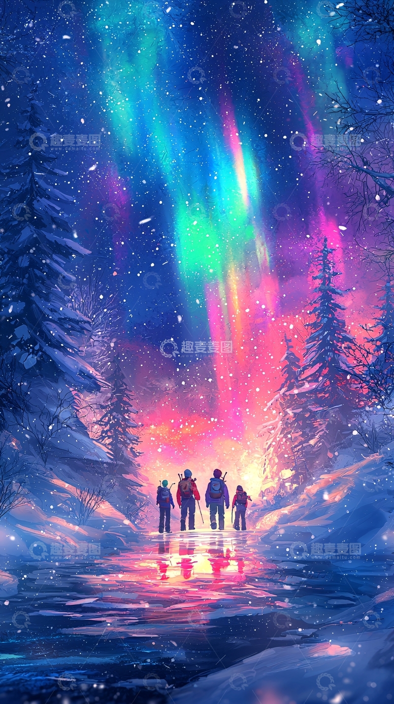 高清大图下载【趣麦麦图】极光下的旅行者