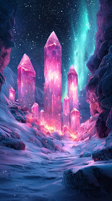 极光下的粉色水晶山谷