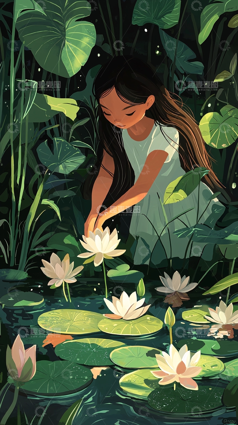 高清大图下载【趣麦麦图】女孩在莲花池边