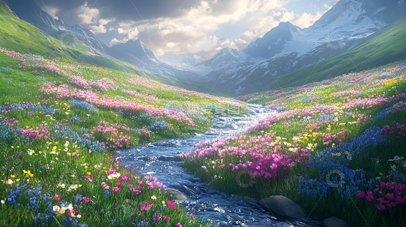 高清大图下载【趣麦麦图】山谷溪流鲜花盛开