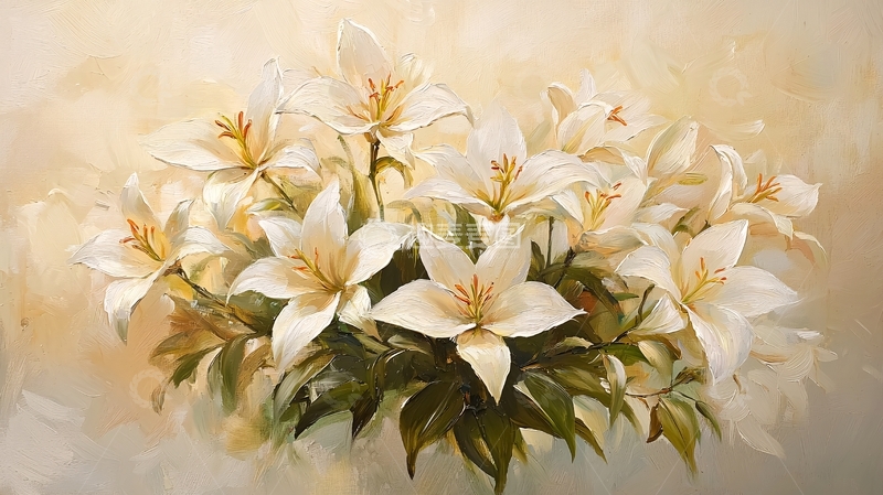 高清大图下载【趣麦麦图】白色百合花束油画
