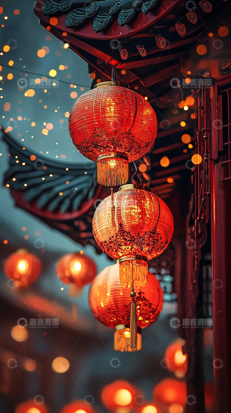 高清大图下载【趣麦麦图】红色灯笼高挂夜空
