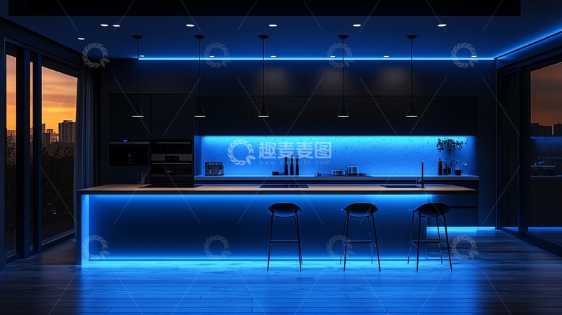 高清大图下载【趣麦麦图】现代化厨房蓝光氛围灯光设计