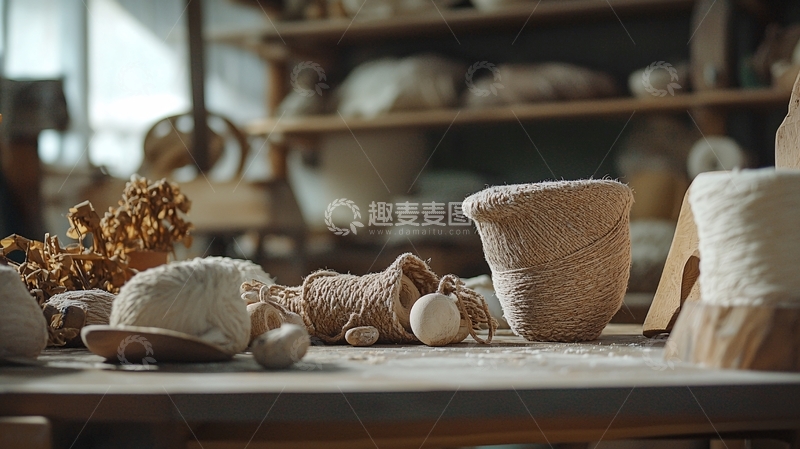 高清大图下载【趣麦麦图】工作室里的毛线和编织工具
