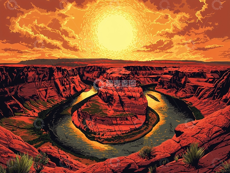 高清大图下载【趣麦麦图】日落峡谷河流景色