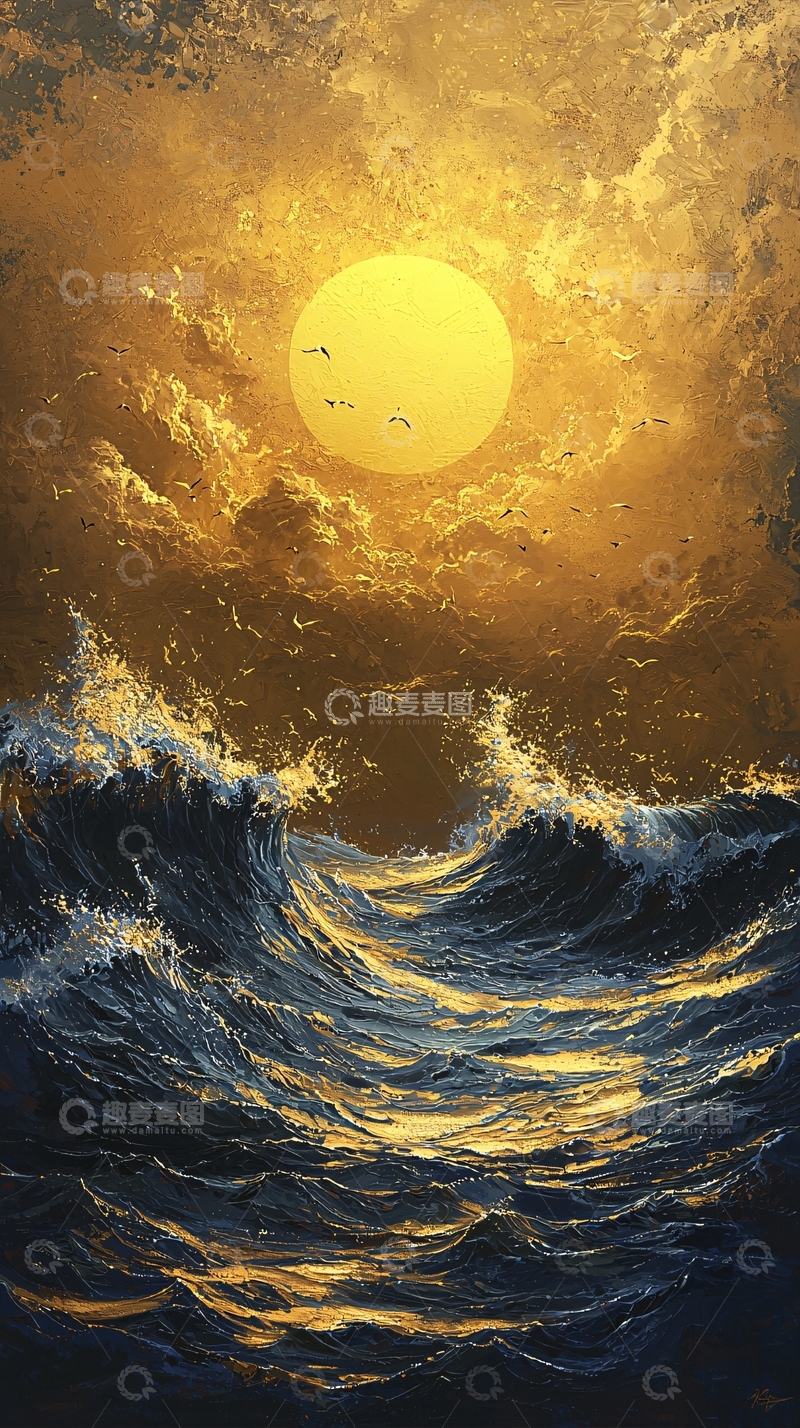高清大图下载【趣麦麦图】波涛汹涌的金色夕阳