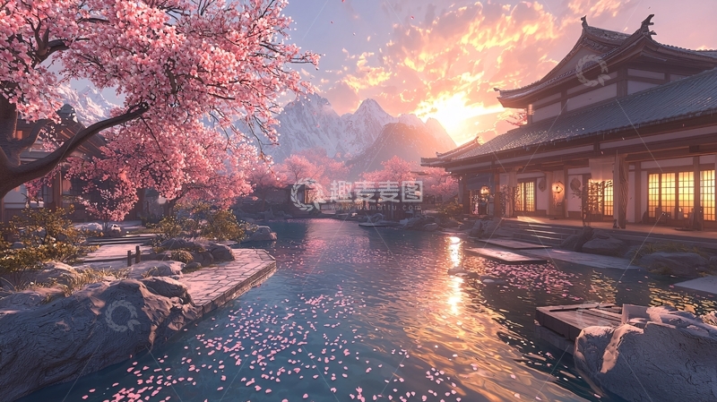 高清大图下载【趣麦麦图】唯美古风樱花雪山日落