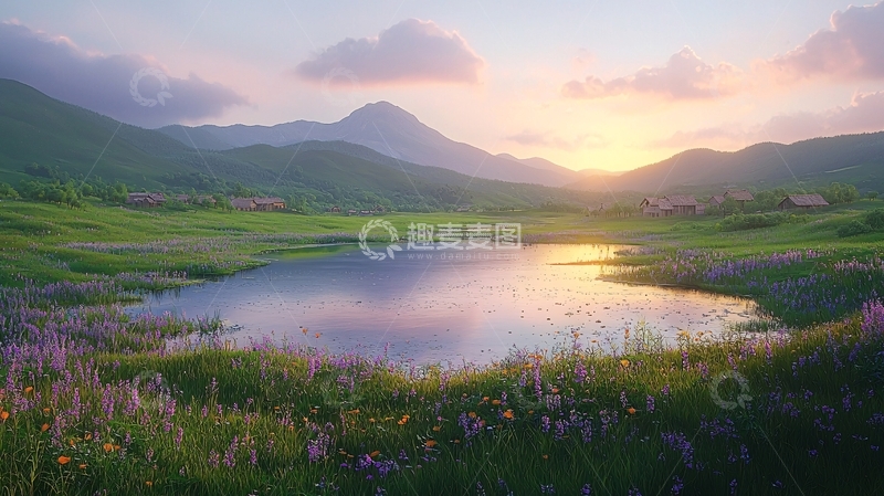 高清大图下载【趣麦麦图】宁静湖面山景日出