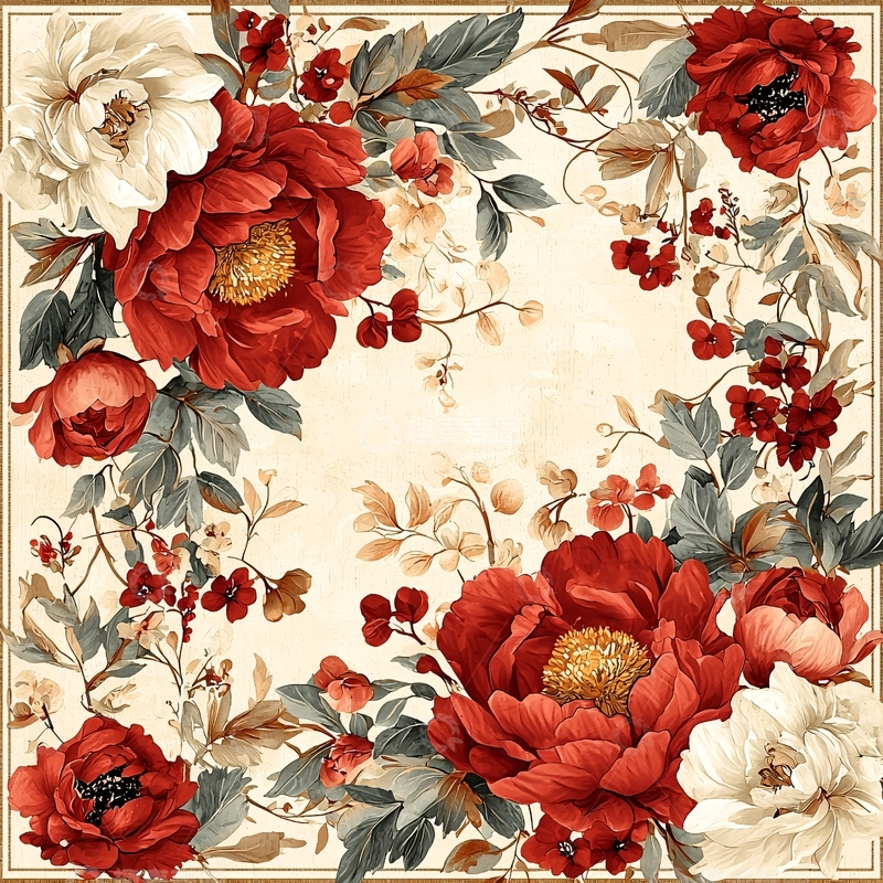 高清大图下载【趣麦麦图】红色和白色牡丹花卉图案